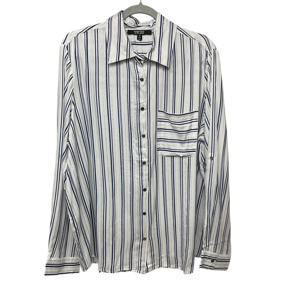 Louise Paris Plus White Navy Striped‎ Button-Down Shirt Long Sleeve Sz 1X Blouse
